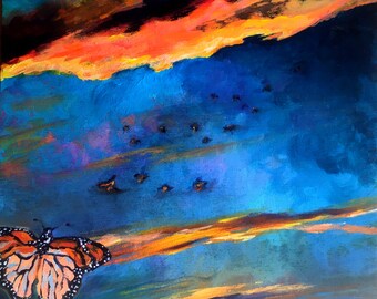 Archival Print of Original Acrylic Painting // Hey, Wait for Me! // Monarchs at Sunset // Migration