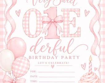 Einladung zum 1. Geburtstag mit rosa Vichy-Karo | Zarte Schleife, Cupcake-Design (5x7 PDF)
