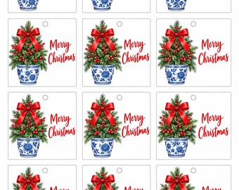 Weihnachtsgeschenkanhänger aus blauer Keramik | Weihnachtsanhänger mit roter Schleife (Digitaler Download)