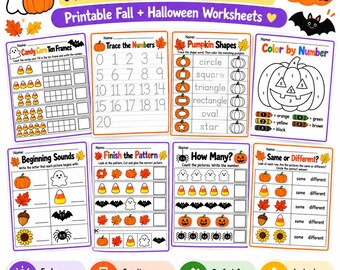 Herbst- und Halloween-Arbeitsblätter für den Kindergarten | 12 druckbare Vorschulaktivitäten | Kürbis-Mathematik, Nachzeichnen, Zählen, Muster (PDF)