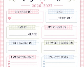 Arbeitsblatt zum ersten Schultag 2026-2027 | Rosa-Gingham-Muster zum Ausfüllen (Digitaler Download)