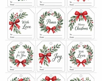 Weihnachtsgeschenkanhänger in Aquarelloptik | Kranz- und Schleifenanhänger (PDF + PNG)