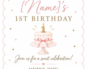 Einladung zum 1. Geburtstag mit rosa Schleife | Tortendesign in Roségold (Digitaler Download)