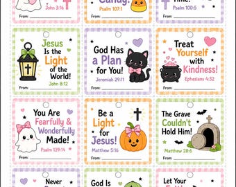 Christliche Halloween-Süßigkeitentüten-Anhänger | Süßigkeitenetiketten mit Bibelversen (Digitaler Download)
