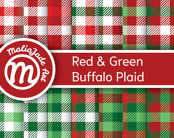 May include: Red and green buffalo plaid fabric patterns. The fabric is a classic Christmas pattern.