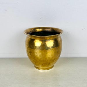 May include: A hammered brass planter with a rounded shape. The planter is a light gold color and has a smooth, shiny finish.
