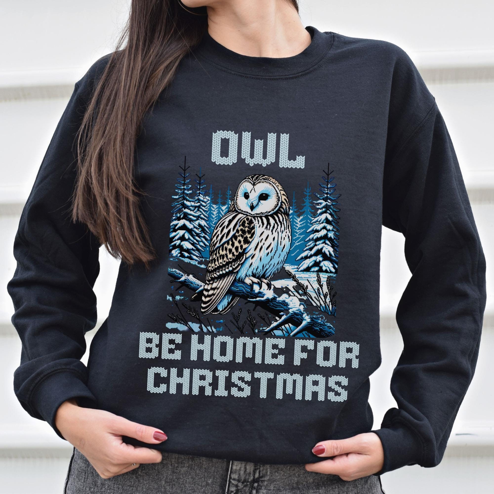 Owl Be Home, Short Eared Owl Faux Knit Style Adult Unisex Sweatshirt, Holiday Bird Sweatshirts, Chri
