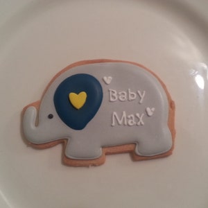 May include: A gray and blue elephant cookie decorated with white icing and the text "Baby Max".
