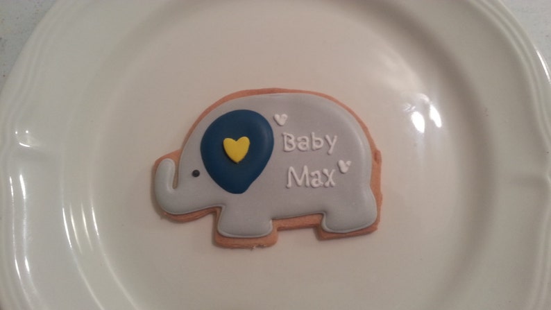 May include: A gray and blue elephant cookie decorated with white icing and the text "Baby Max".