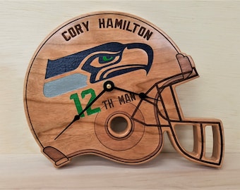 Personalized Football helmet Clock, home decor, solid wood, college, seahawks, raiders