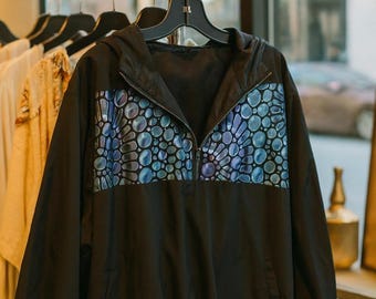Hand-Painted Upcycled Pullover Jacket • One-of-a-Kind Windbreaker • Artistic Wearable Art • Black Hooded Medium Zip Pullover.