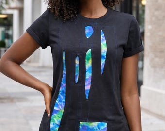 Upcycled Black T-Shirt with Hand-Stitched Abstract Appliqué | Wearable Art Top | One-of-a-Kind Sustainable Fashion