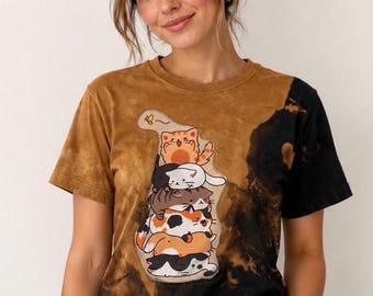Upcycled Bleached Cat Tee Small – 100% Cotton Appliqué Shirt – One of a Kind Marion Kass Wearable Art