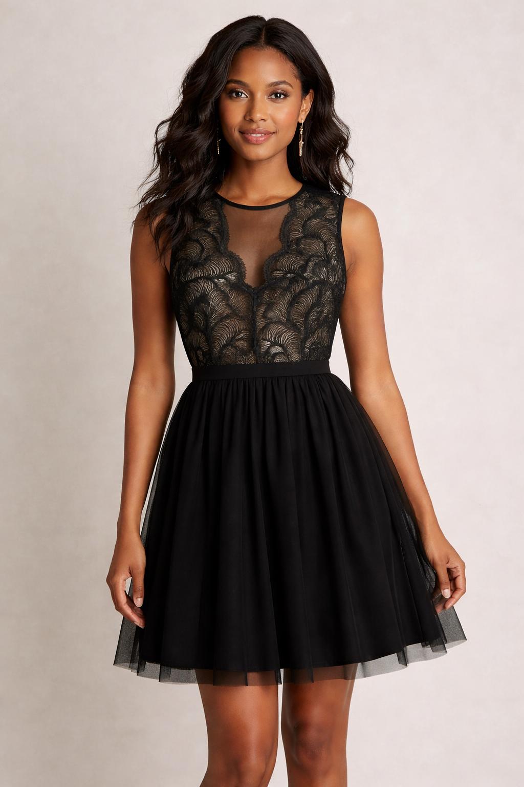 sachin and babi light blue dress Black Lace Filipino Sleeves Tea Length Designer Formal Dress, Two-Tone