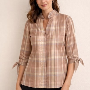 Y2K Kenzie Silk Plaid Blouse, Mandarin Collar, Tie Sleeves