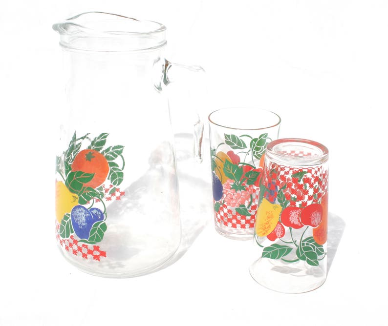 Retro Fruit Juice Glasses Set French Glass Jug Mid Century Etsy
