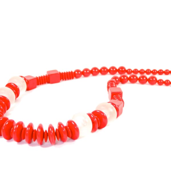 Chunky Bead Long Red Necklace 1960s Mid Century Jewelry Big Bold Chunky Retro Necklaces