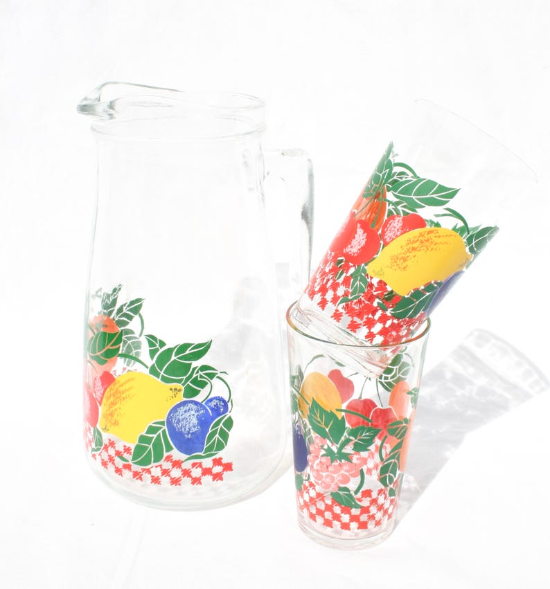 Retro Fruit Juice Glasses Set French Glass Jug Mid Century Etsy