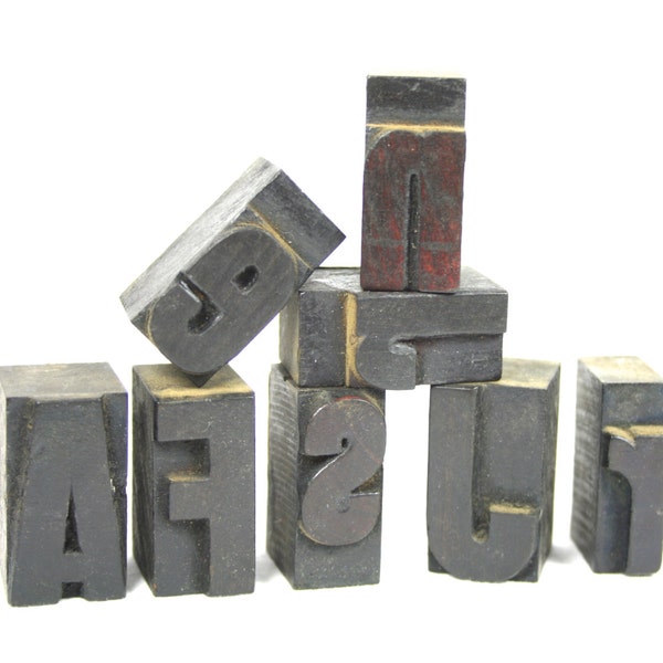 Vintage Wood Type Letterpress Printing Blocks Industrial Wooden Letters Alphabet Stamps Set