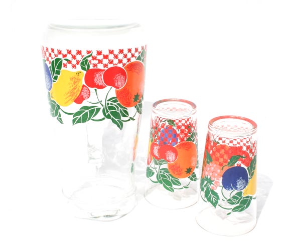 Retro Fruit Juice Glasses Set French Glass Jug Mid Century Etsy
