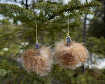 Lynx fur pom, dangle earrings with fresh water pearls