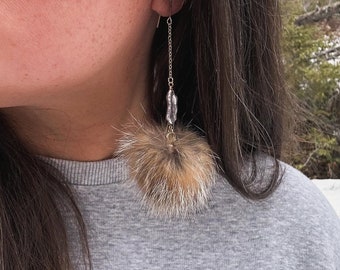 Lynx fur pom, dangle earrings with fresh water pearls