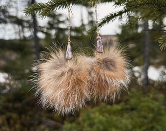 Lynx fur pom, dangle earrings with fresh water pearls