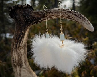 Luxurious Rabbit fur pom, dangle earrings with natural stone