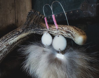 Wolf fur Pom Pom earrings with Moose Antlers, fur jewelry