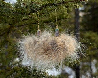 Lynx fur pom, dangle earrings with fresh water pearls