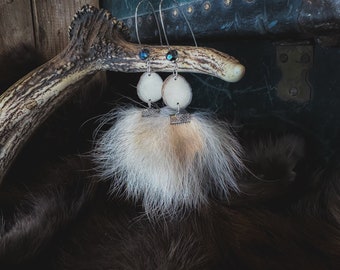 Wolf fur Pom Pom earrings with Moose Antlers, fur jewelry