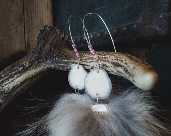 Wolf fur Pom Pom earrings with Moose Antlers, fur jewelry