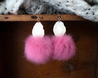 Reindeer antler and pink Rabbit fur Pom earrings