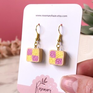 Battenberg Cake Earrings - polymer clay food earrings, clip on earrings for sensitive ears, cute valentines gift for daughter