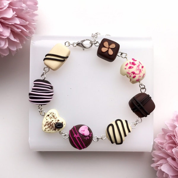 Pulsera de chocolate - pulsera de comida de arcilla polimérica, pulsera caprichosa, joyas de chocolate, lindo regalo de galentines para hija