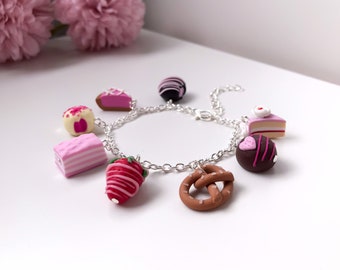 Pink Sweet Treats Charm Bracelet - cute fake food bracelet, polymer clay miniature food charms, kawaii pink food jewelry