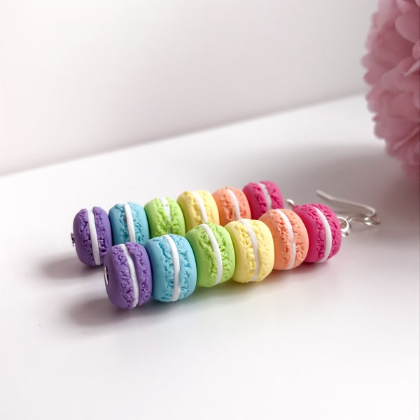 Rainbow Macaron Earrings - miniature macaron earrings, realistic polymer clay miniature food jewelry