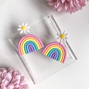 Pastel Rainbow Daisy Earrings: 70s Flower Power Polymer Clay Earrings