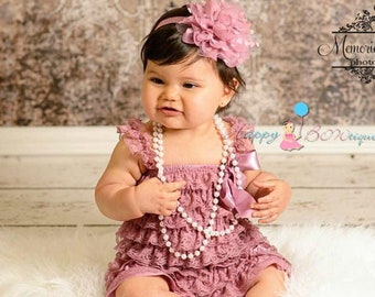 Dusty Rose Lace Romper Set, Baby Girl coming home outfit, dusty Rose Romper, flower girl outfit,1st Birthday outfit,newborn baby girl romper