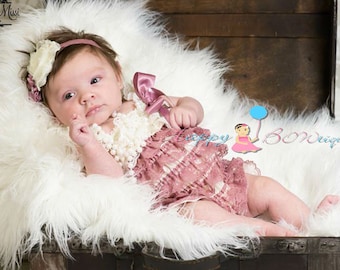 Baby Girl coming home outfit,Dusty Satin Ivory Rose Lace Romper Set, Baby dusty Rose Romper,flower girl outfit,1st Birthday outfit,baby girl