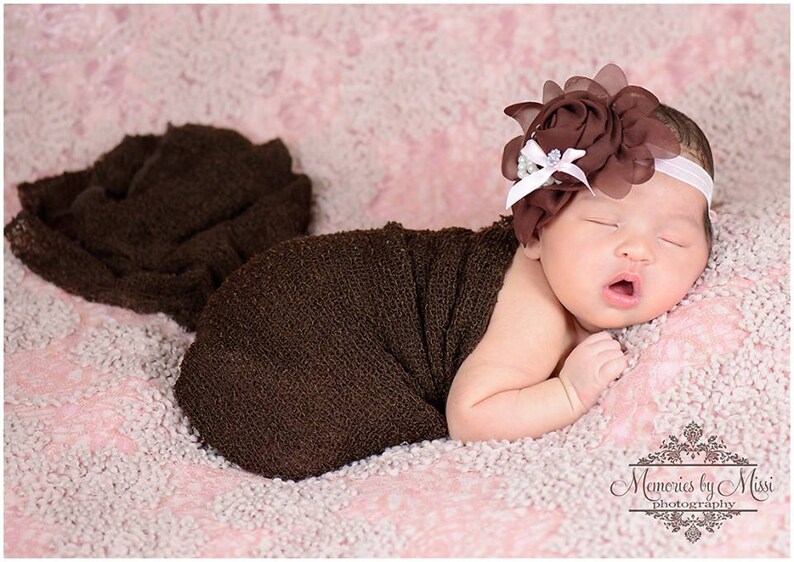 Beautiful Brown with PInk Chiffon Rosette Pearls headband baby headbands Baby girl headband birthday headband Newborn photo Prop