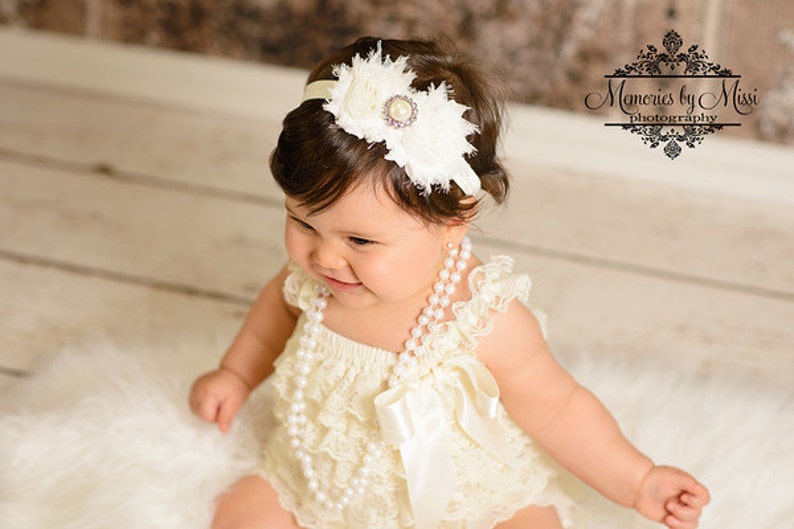 Baby Girl Ivory Lace Romper Set, wedding flower girl, lace romper, Flower Girl, Ivory Romper,1st birthday, baby girl baptism,Christening Bild 1
