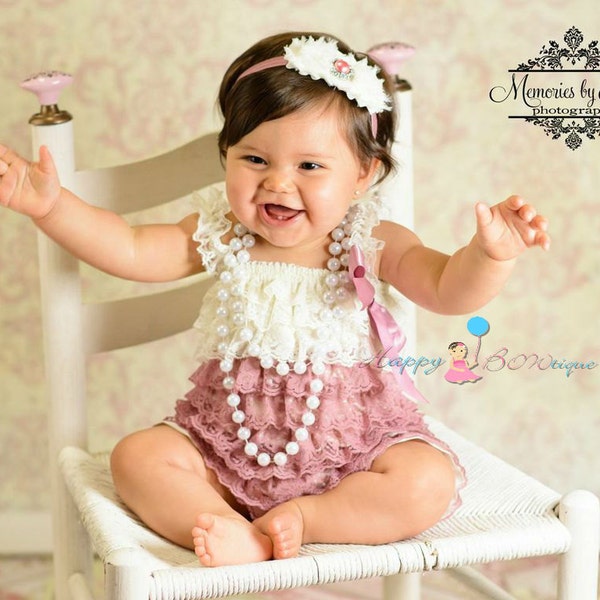 Dusty Ivory Rose Lace Romper, Baby Girl Coming home outfit, Girl's Petti Lace romper, baby girls Romper, wedding flower girl,Baby outfit,