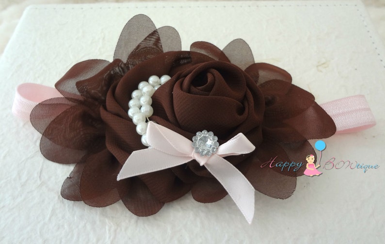 Beautiful Brown with PInk Chiffon Rosette Pearls headband baby headbands Baby girl headband birthday headband Newborn photo Prop