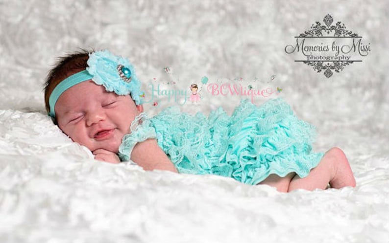 Girl's Light Aqua Lace Romper set, Baby Girl Coming home outfit,newborn romper, Girl's Aqua romper, baby girls outfit, 1st Birthday outfit, image 1