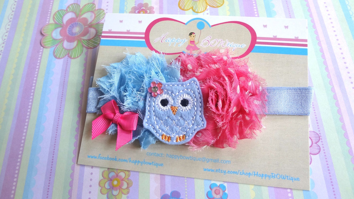 Blue Pink Owl Baby Girls headband / Blue and Pink Shabby felt | Etsy