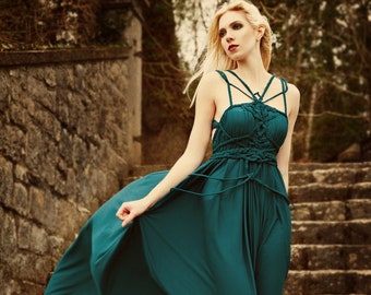 Petrolfarbenes Kleid "Selene", ROHMY Gold Label /// Bodenlanges Abendkleid/ Brautkleid mit Schleppe /// Elegant & Extravagant