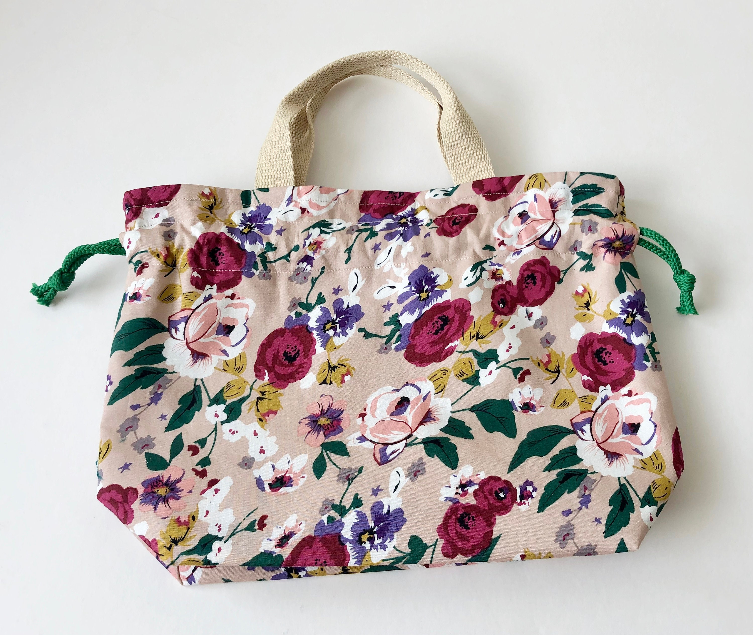 Handmade Simple Small Drawstring Tote Bag Flowers on Beige Etsy UK