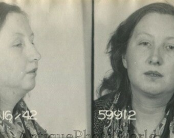 Sad woman criminal antique police mug shot photo