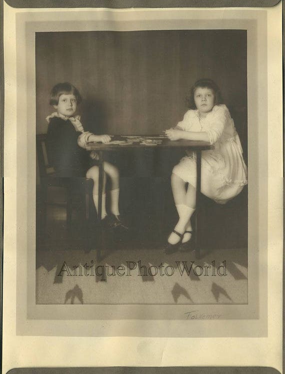 Children playing card game antique art photo